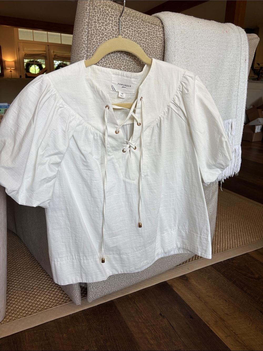 White Lace-Up Puff Sleeve Top